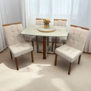 Mesa Atlas Mel/Off White Canto Barril 120×90 com 4 Cadeiras Sophia Mel/Veludo Bege – ART ASSENTOS + WM DECOR