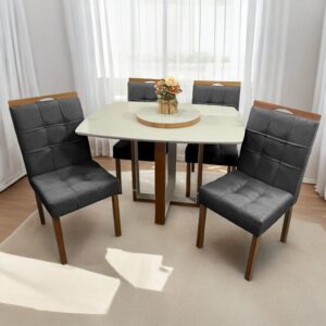 Mesa Atlas Mel/Off White Canto Barril 120×90 com 4 Cadeiras Sophia Mel/Veludo Cinza Grafite – ART ASSENTOS + WM DECOR