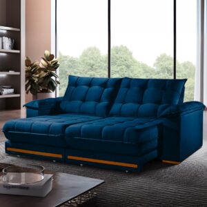 Sofá Retrátil e Reclinável Barcelona 2,50 m Veludo Azul - ESTOFADOS TEIXEIRA