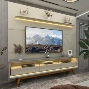 Painel Royal 220 Off White + Rack Requinte 212 Cinza/Off White - GELIUS