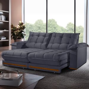 Sofá Retrátil e Reclinável Barcelona 2,50 m Veludo Cinza Grafite - ESTOFADOS TEIXEIRA