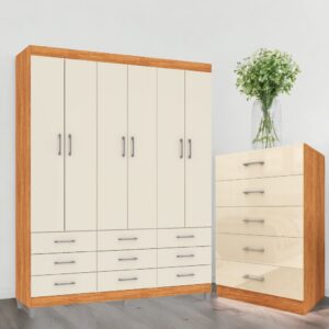 Guarda-Roupa 6 Portas Paraty 3690 + Cômoda 5 Gavetas Aruba Cinamono/Off White - FELLICCI