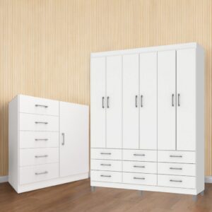 Guarda-Roupa 6 Portas Paraty 3690 + Cômoda 5 Gavetas Sapateira Miami Branco - FELLICCI
