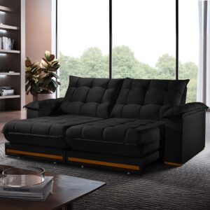 Sofá Retrátil e Reclinável Barcelona 2,50 m Veludo Preto - ESTOFADOS TEIXEIRA