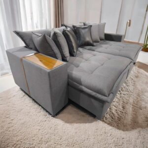 Sofá Cama Retrátil Thebas/Gabriela 2,90 m Linho Grafite 301/Courino Dalas – ZARAT ESTOFADOS