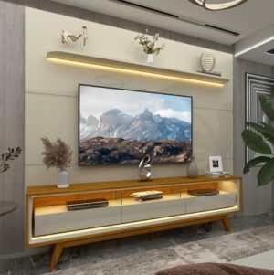 Painel Royal 220 Off White + Rack Requinte 212 Naturale/Off White - GELIUS