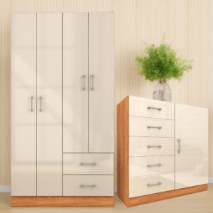 Guarda-Roupa 4 Portas Panamá 4002 + Cômoda 5 Gavetas Sapateira Miami Cinamono/Off White – FELLICCI