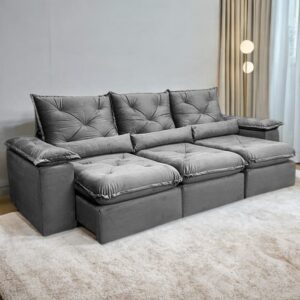 Sofá Retrátil e Reclinável Brasão 2,70 m Veludo Grafite - MD ESTOFADOS