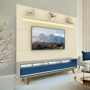 Painel até 85″ Royal 220 Off White + Rack Requinte 212 Off White /Azul – GELIUS