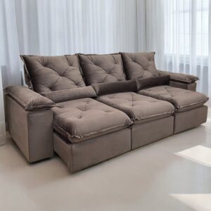 Sofá Retrátil e Reclinável Brasão 2,70 m Veludo Marrom - MD ESTOFADOS